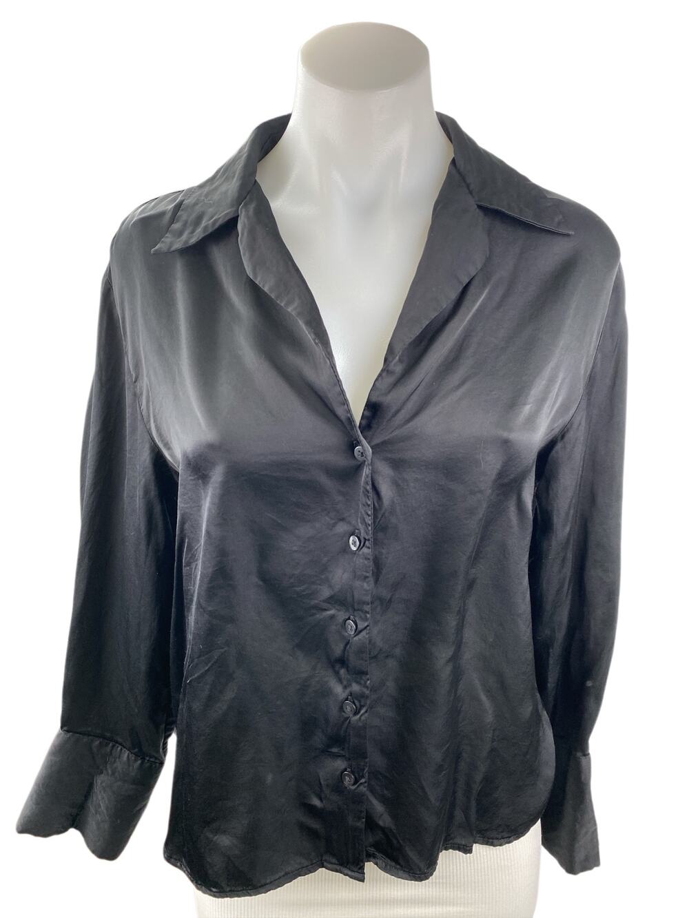 Gap Women's Black Silk Satin Long Sleeve V Neck Button Down Shirt Top Size S